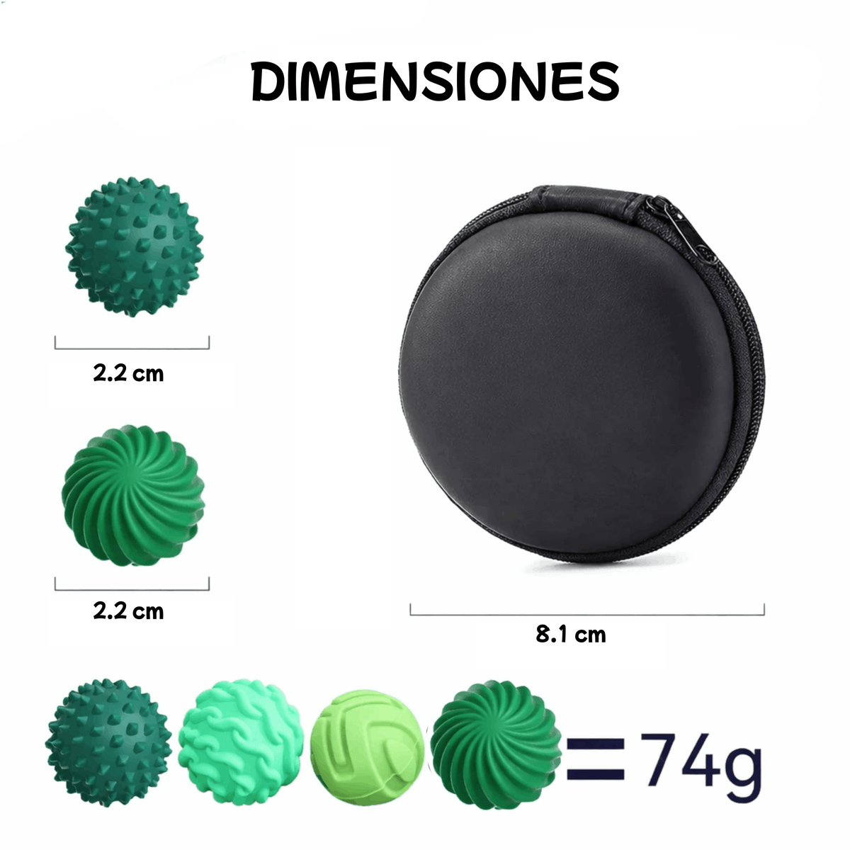 Bolas siliconas magneticas dimensiones y peso del producto, y diferentes texturas